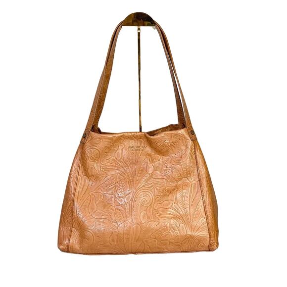 American Leather Co Liberty Shopper Leather Floral Shoulder Tote Bag